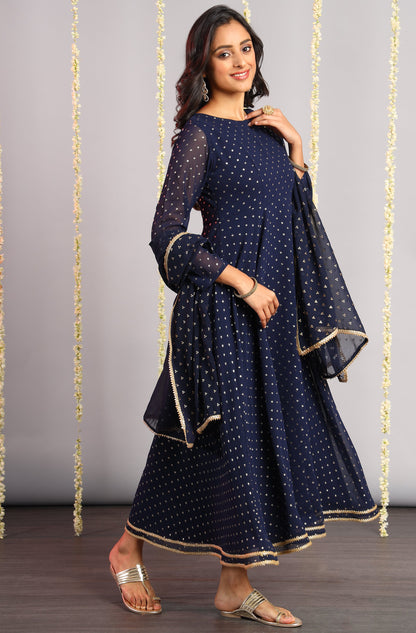Janasya Women's Navy Blue Poly Georgette Foil Print Kurta With Dupatta