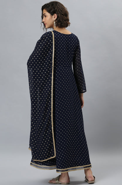 Janasya Women's Navy Blue Poly Georgette Foil Print Kurta With Dupatta