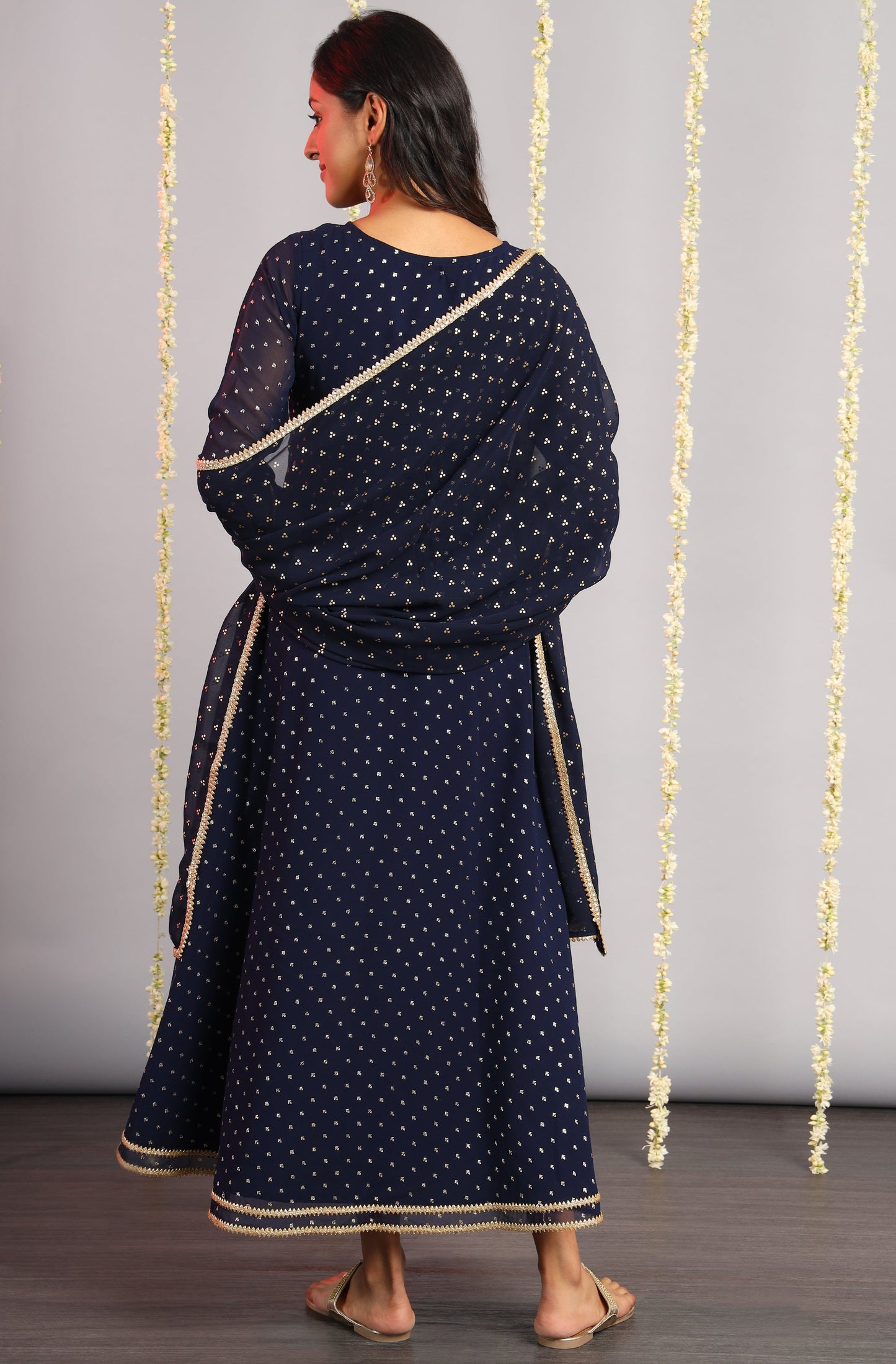 Janasya Women's Navy Blue Poly Georgette Foil Print Kurta With Dupatta