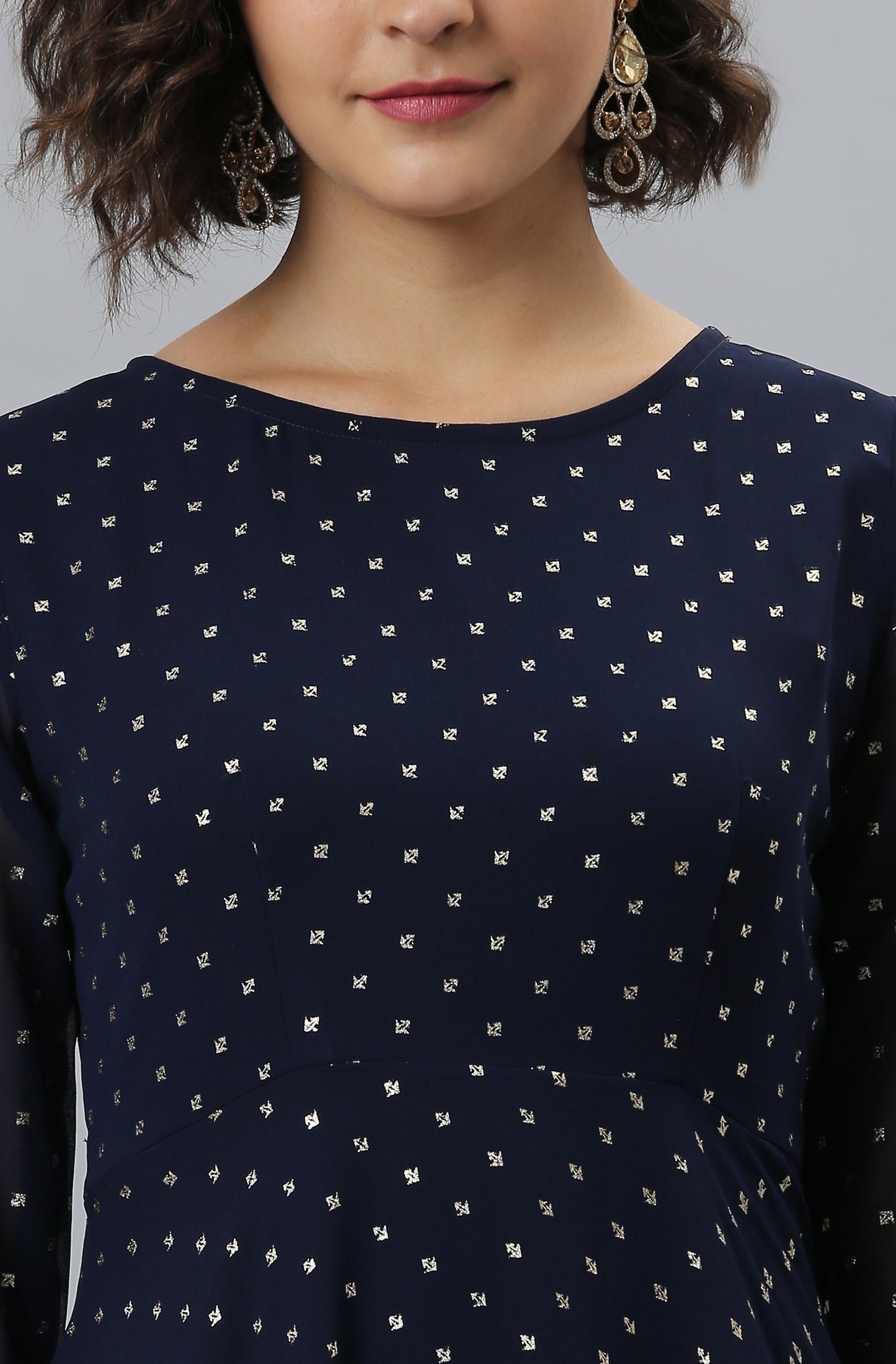 Janasya Women's Navy Blue Poly Georgette Foil Print Kurta With Dupatta