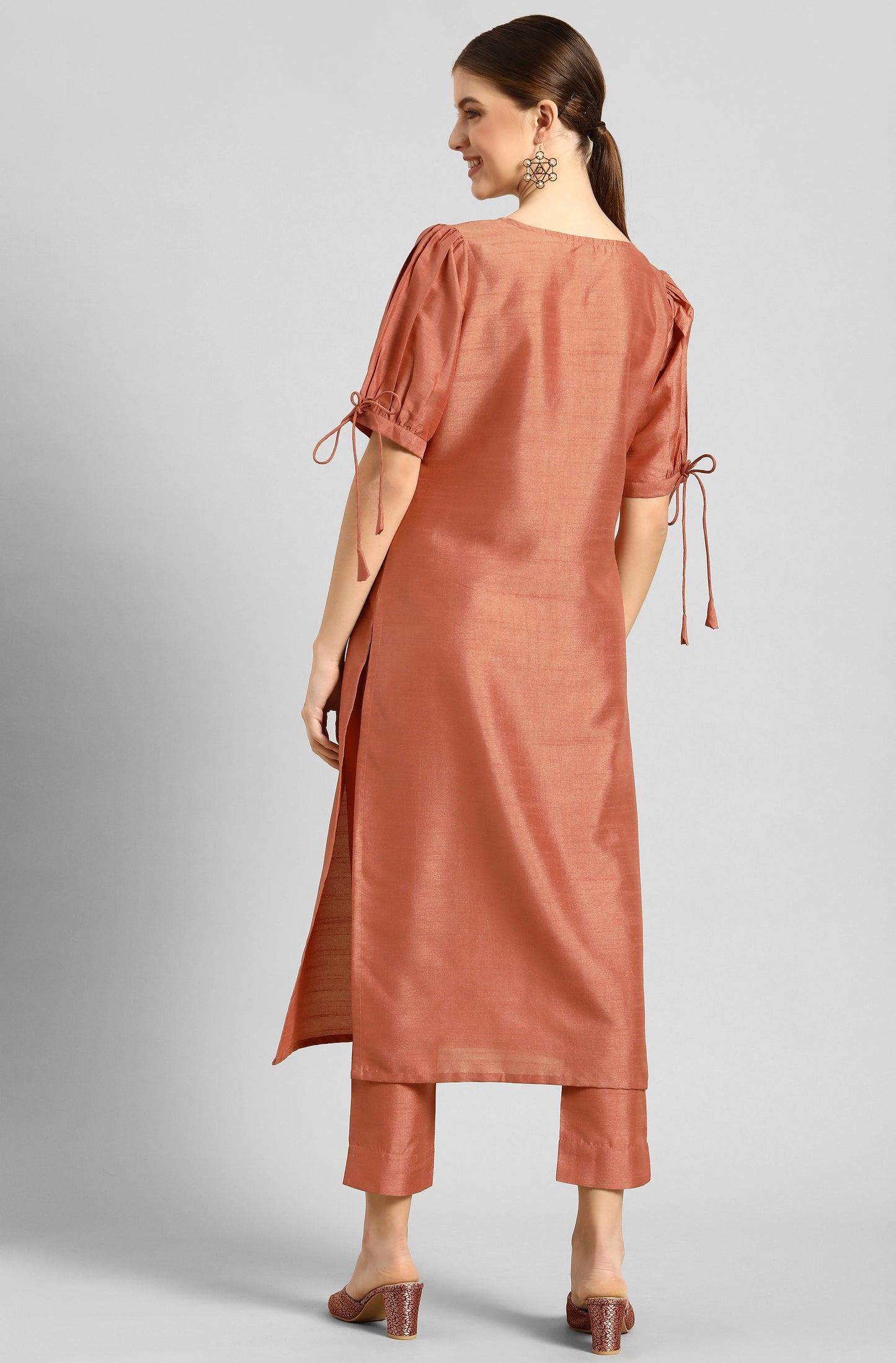 Janasya Women's Peach Poly Silk Embellished Straight Festive Kurta Set