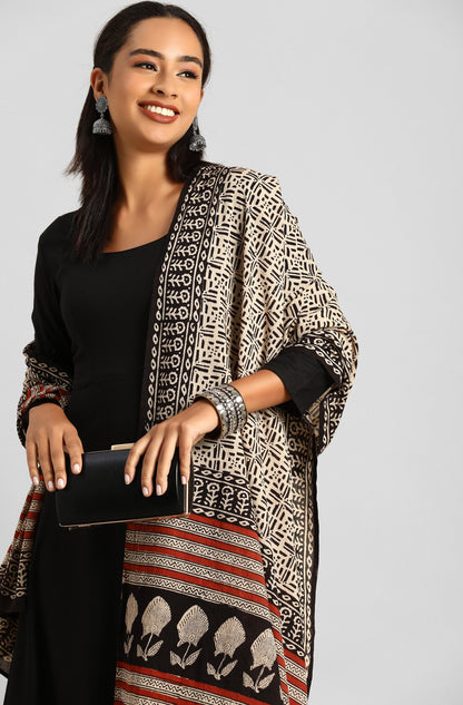 Janasya Women's Black Rayon Solid Kurta With Dupatta