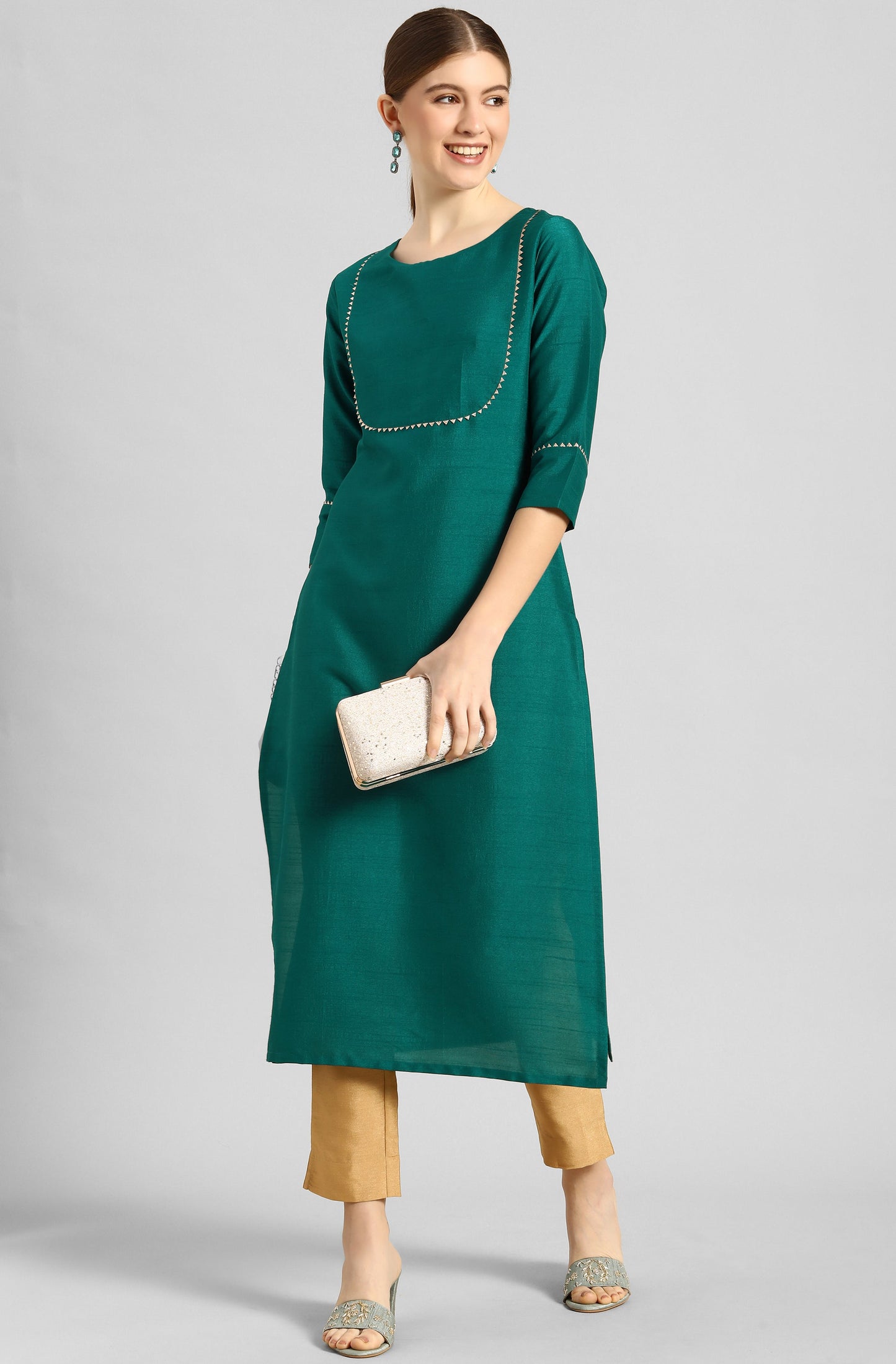 Janasya Women's Green Poly Silk Solid Straight Casual Kurta Set