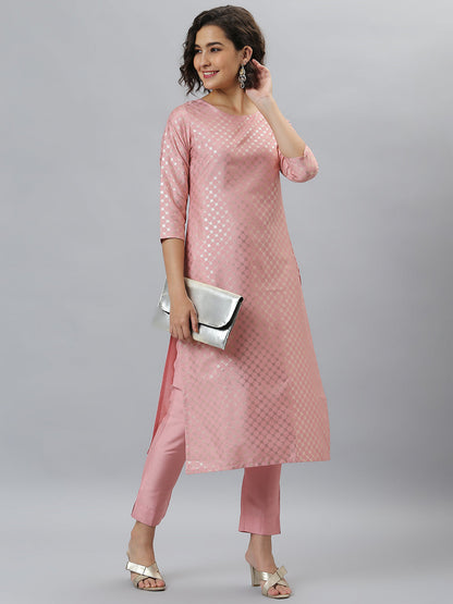Janasya Women's Pink Poly Silk Floral Printed Straight Party Kurta Set