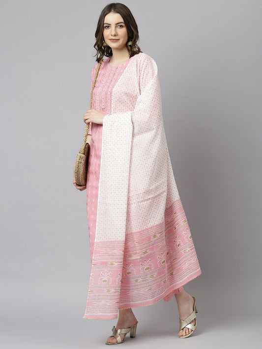 Janasya Women's Light Pink Cotton Gold Print Kurta With Pant And Dupatta