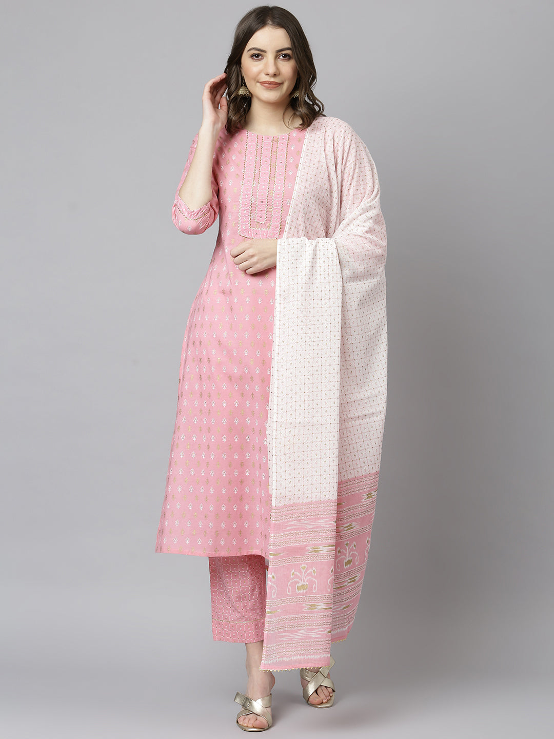 Janasya Women's Light Pink Cotton Gold Print Kurta With Pant And Dupatta