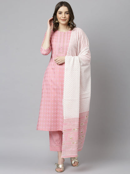 Janasya Women's Light Pink Cotton Gold Print Kurta With Pant And Dupatta