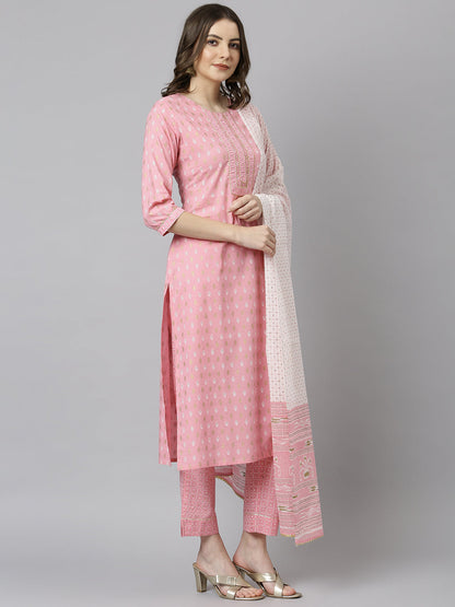 Janasya Women's Light Pink Cotton Gold Print Kurta With Pant And Dupatta