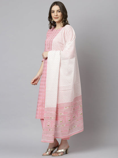 Janasya Women's Light Pink Cotton Gold Print Kurta With Pant And Dupatta