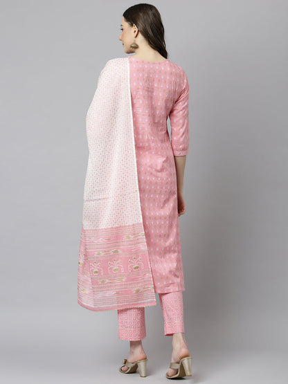Janasya Women's Light Pink Cotton Gold Print Kurta With Pant And Dupatta