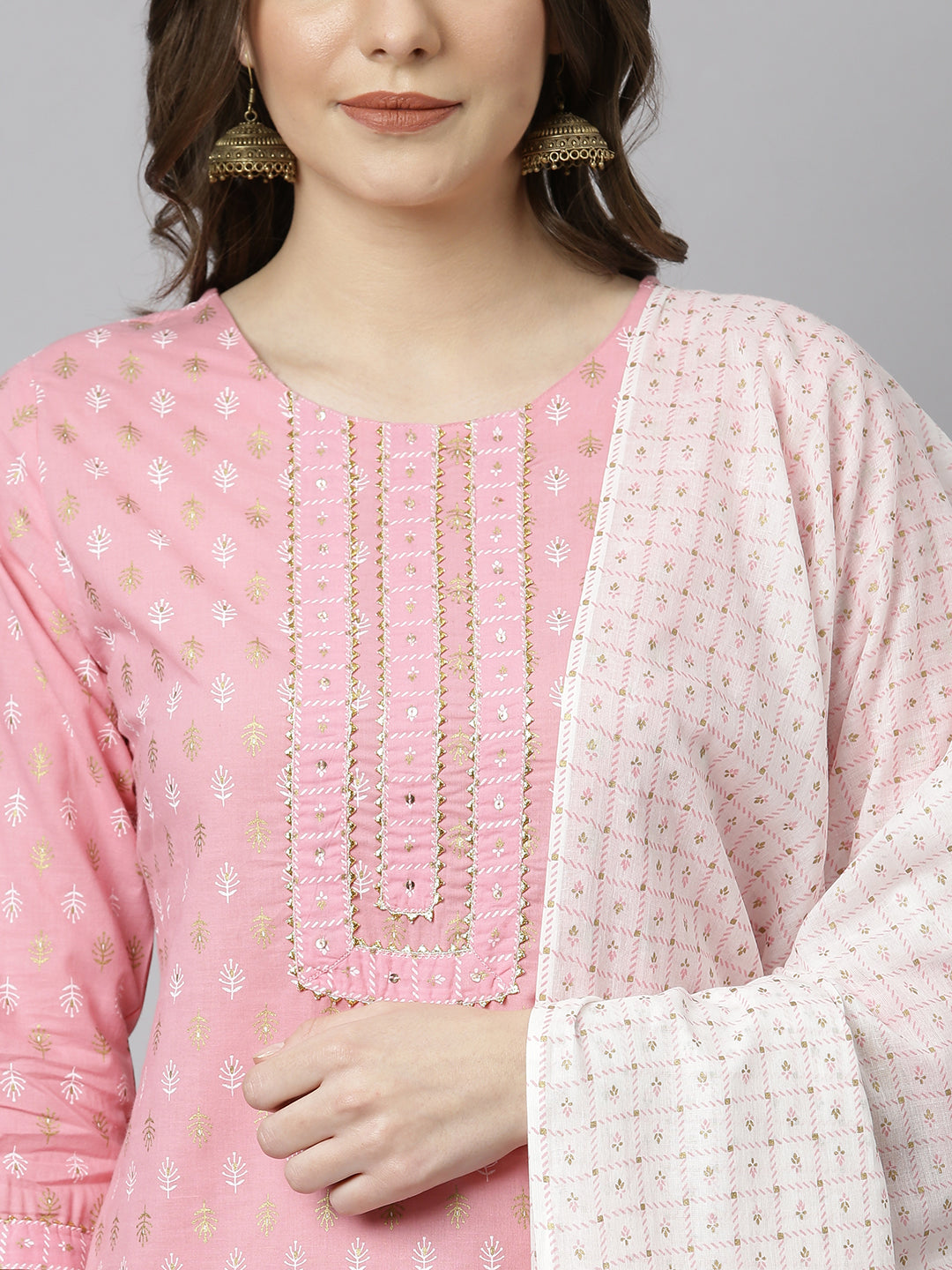 Janasya Women's Light Pink Cotton Gold Print Kurta With Pant And Dupatta