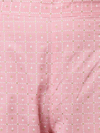 Janasya Women's Light Pink Cotton Gold Print Kurta With Pant And Dupatta