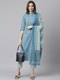 Janasya Women's Blue Cotton Floral Print Kurta With Pant And Dupatta