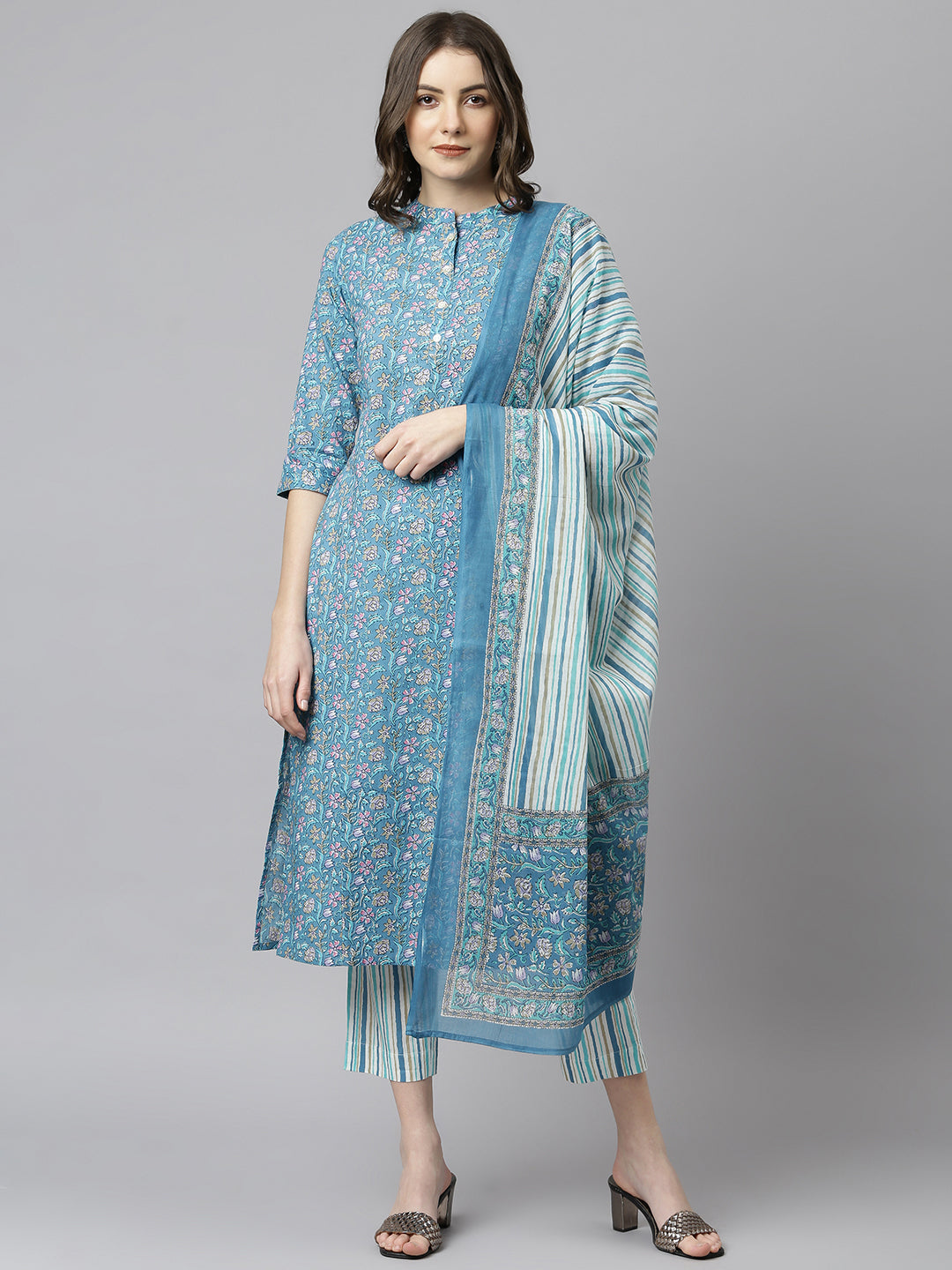 Janasya Women's Blue Cotton Floral Print Kurta With Pant And Dupatta