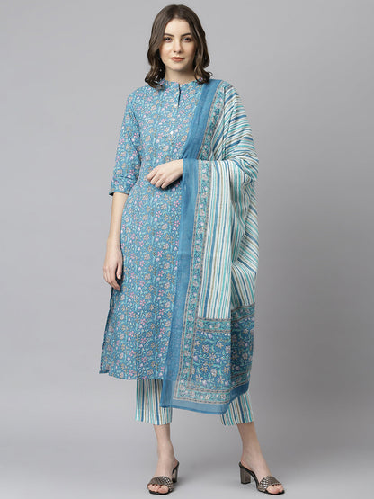 Janasya Women's Blue Cotton Floral Print Kurta With Pant And Dupatta