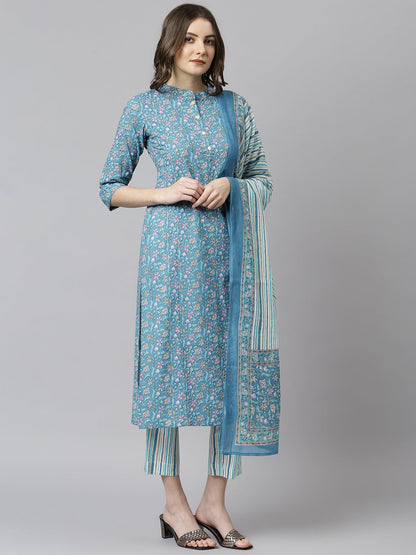 Janasya Women's Blue Cotton Floral Print Kurta With Pant And Dupatta