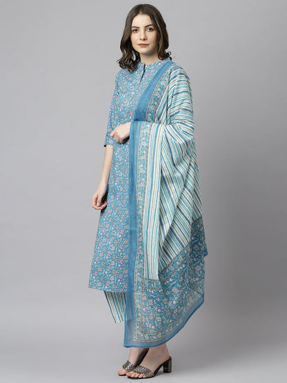 Janasya Women's Blue Cotton Floral Print Kurta With Pant And Dupatta