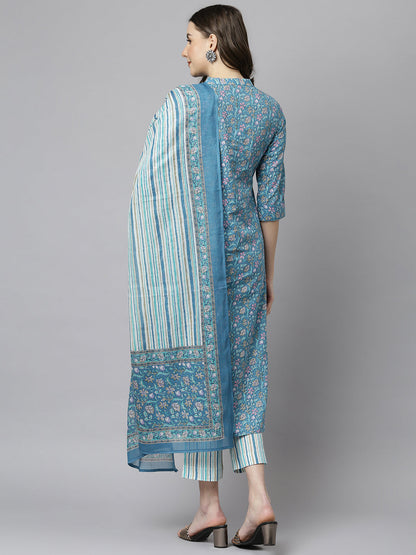 Janasya Women's Blue Cotton Floral Print Kurta With Pant And Dupatta