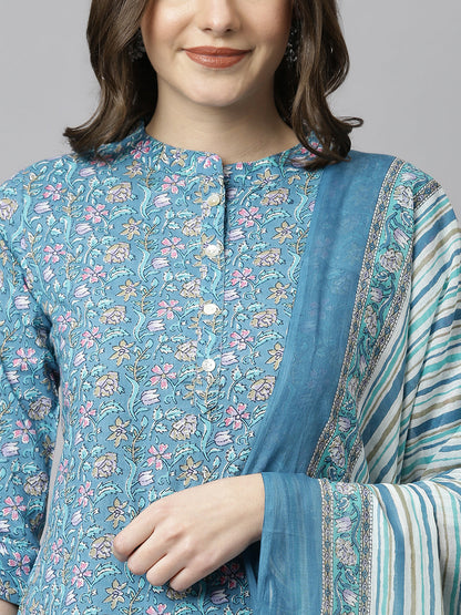 Janasya Women's Blue Cotton Floral Print Kurta With Pant And Dupatta