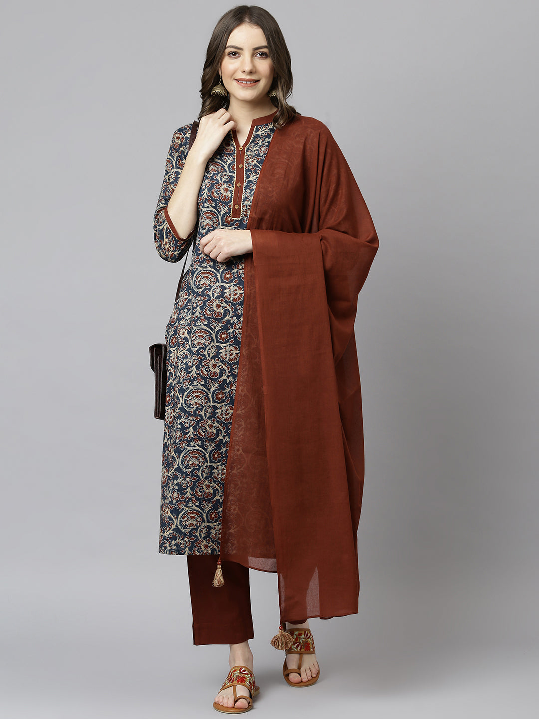 Janasya Women's Teal Blue Cotton Floral Print Kurta With Pant And Dupatta