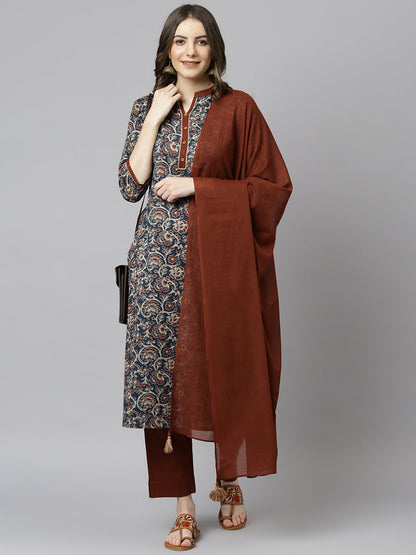 Janasya Women's Teal Blue Cotton Floral Print Kurta With Pant And Dupatta