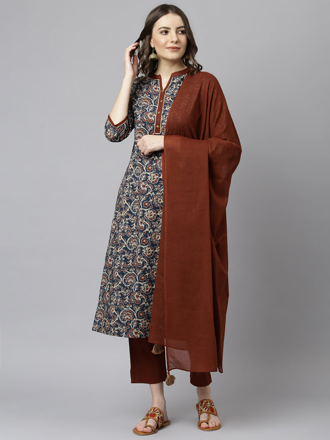 Janasya Women's Teal Blue Cotton Floral Print Kurta With Pant And Dupatta