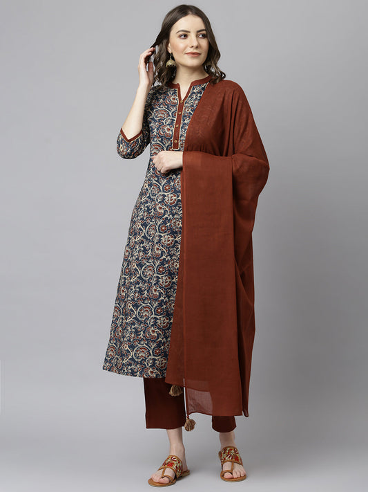 Janasya Women's Teal Blue Cotton Floral Print Kurta With Pant And Dupatta