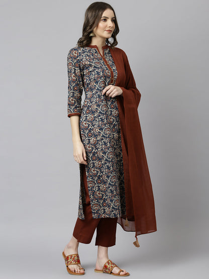 Janasya Women's Teal Blue Cotton Floral Print Kurta With Pant And Dupatta