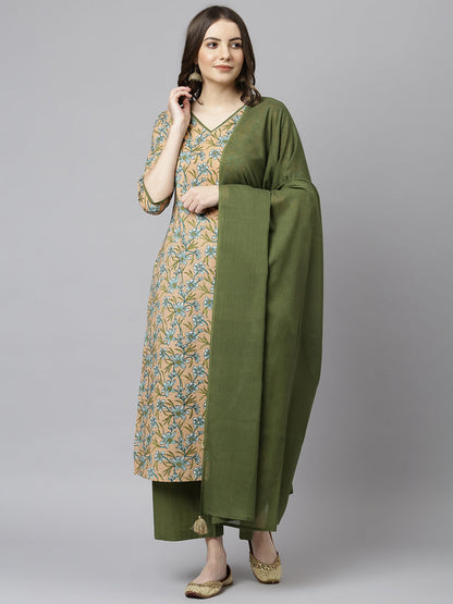 Janasya Women's Peach Cotton Floral Print Kurta With Palazzo And Dupatta