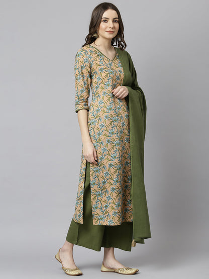 Janasya Women's Peach Cotton Floral Print Kurta With Palazzo And Dupatta