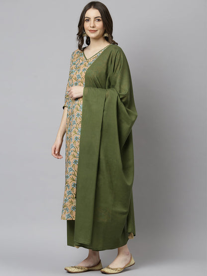 Janasya Women's Peach Cotton Floral Print Kurta With Palazzo And Dupatta