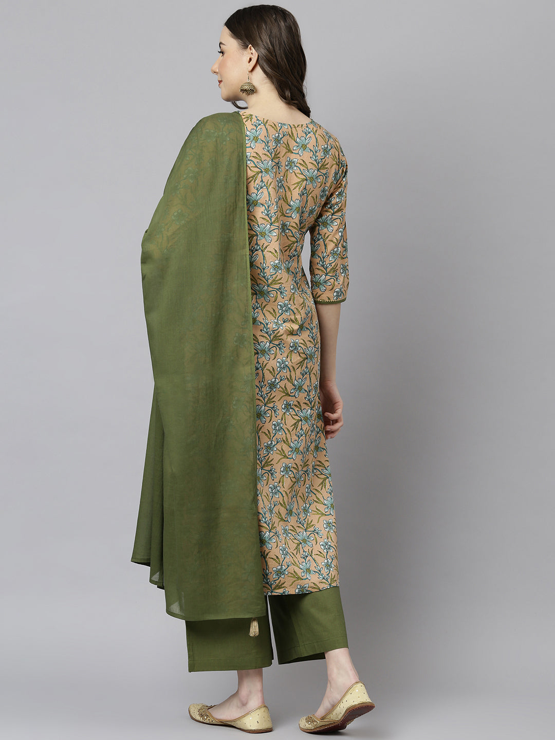 Janasya Women's Peach Cotton Floral Print Kurta With Palazzo And Dupatta