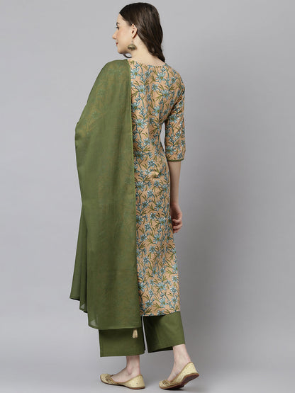 Janasya Women's Peach Cotton Floral Print Kurta With Palazzo And Dupatta