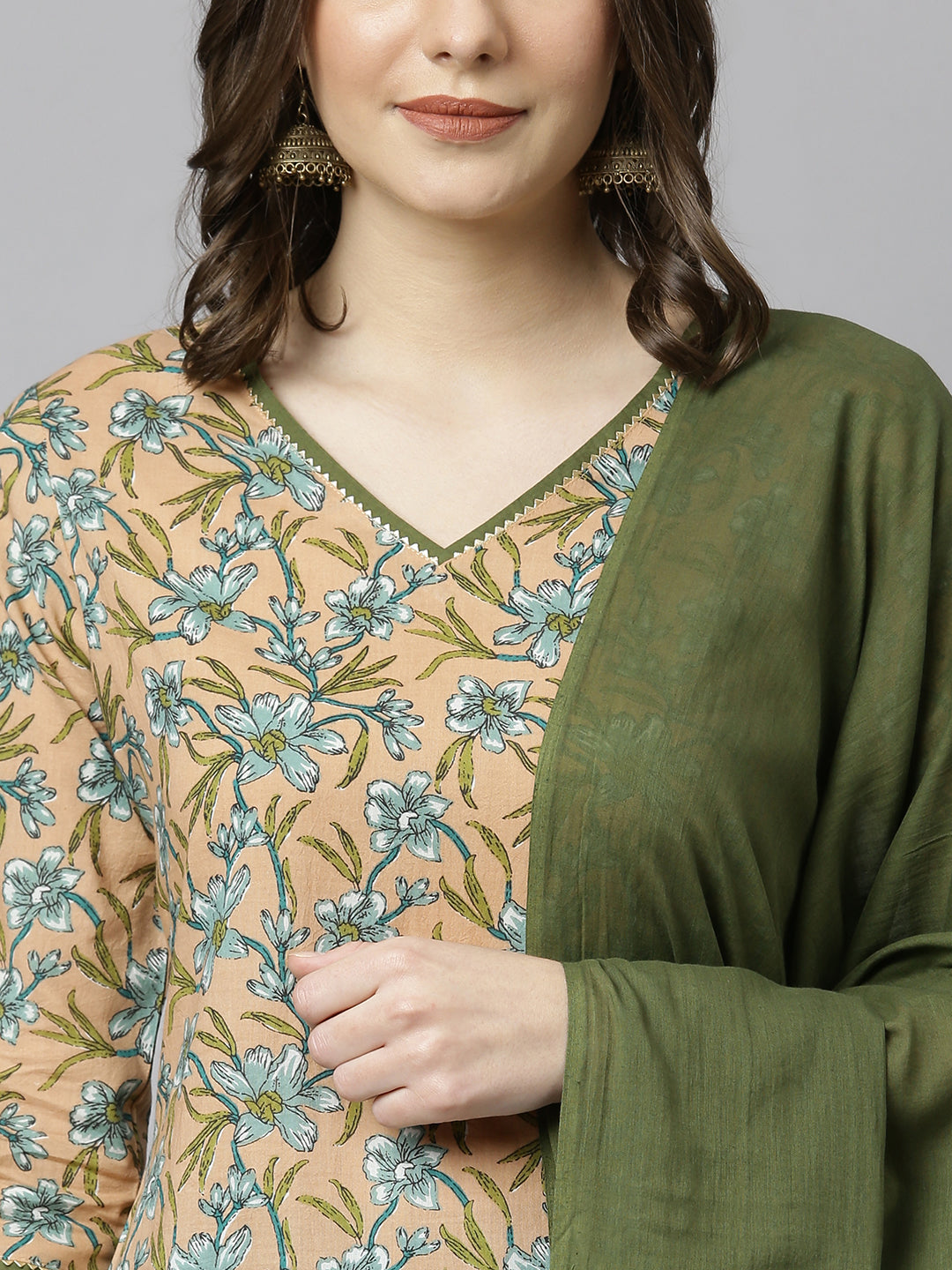 Janasya Women's Peach Cotton Floral Print Kurta With Palazzo And Dupatta