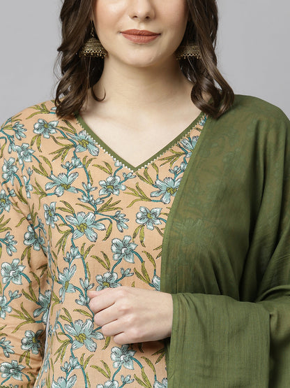 Janasya Women's Peach Cotton Floral Print Kurta With Palazzo And Dupatta