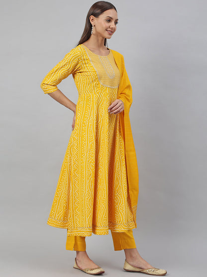 Janasya Women's Yellow Cotton Bandhej Kurta With Pant And Dupatta