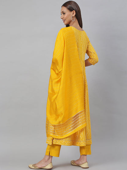 Janasya Women's Yellow Cotton Bandhej Kurta With Pant And Dupatta
