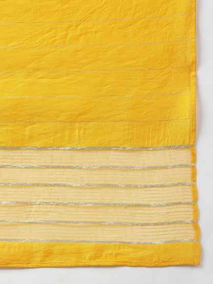 Janasya Women's Yellow Cotton Bandhej Kurta With Pant And Dupatta