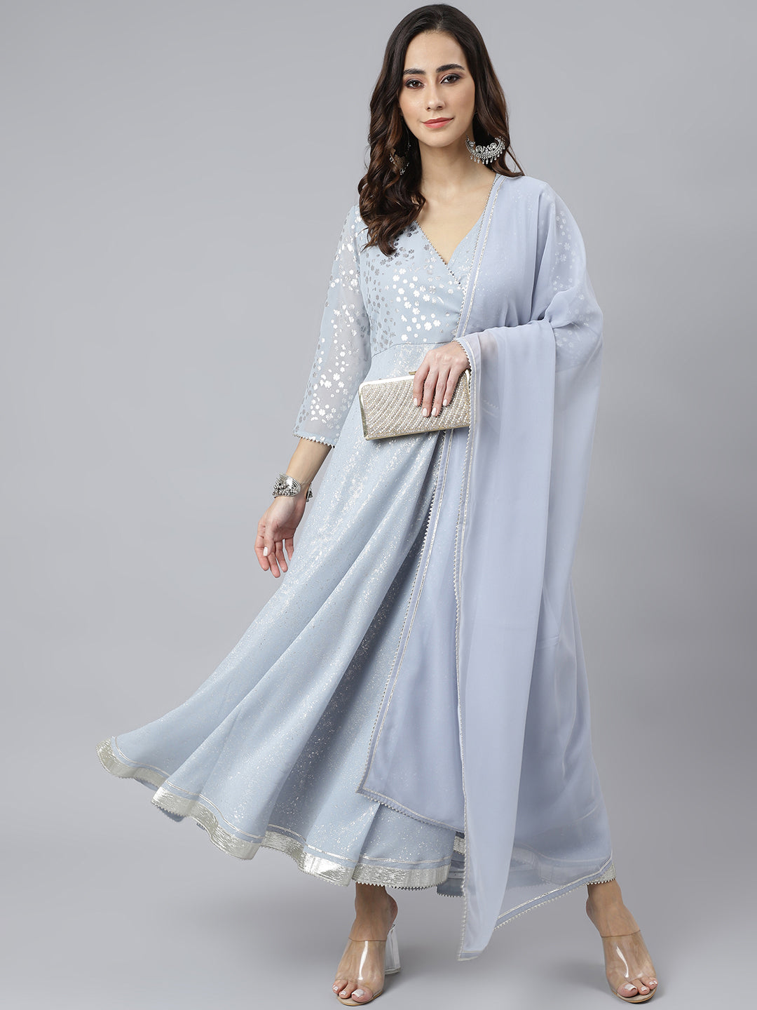 Janasya Women's Grey Georgette Foil Print Kurta With Dupatta