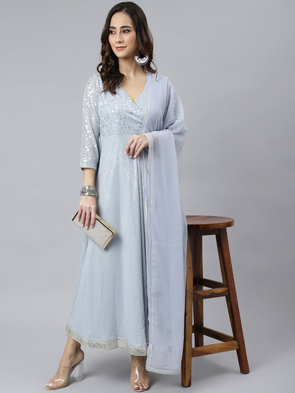 Janasya Women's Grey Georgette Foil Print Kurta With Dupatta