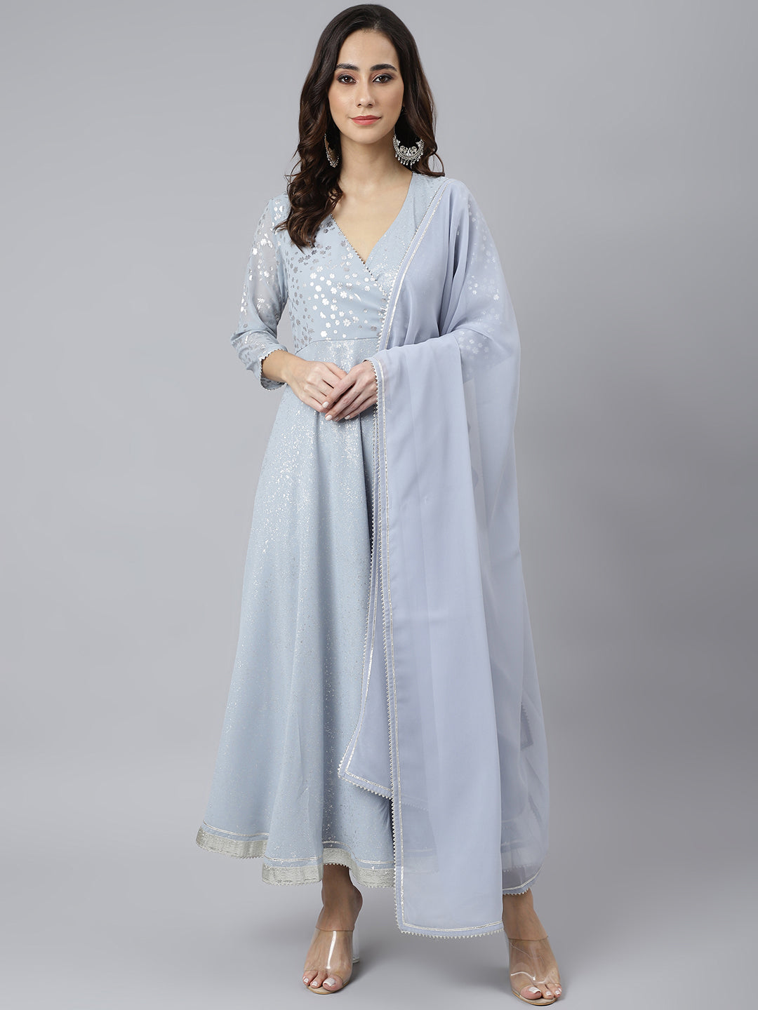 Janasya Women's Grey Georgette Foil Print Kurta With Dupatta