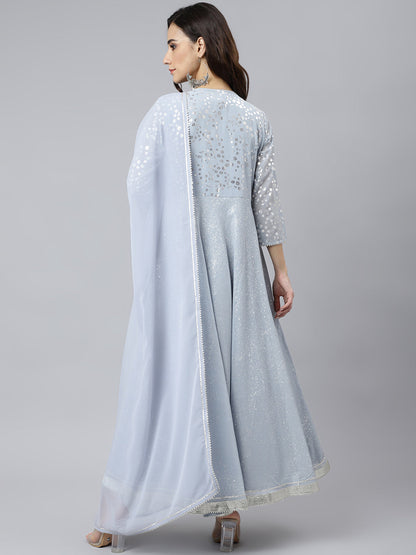 Janasya Women's Grey Georgette Foil Print Kurta With Dupatta