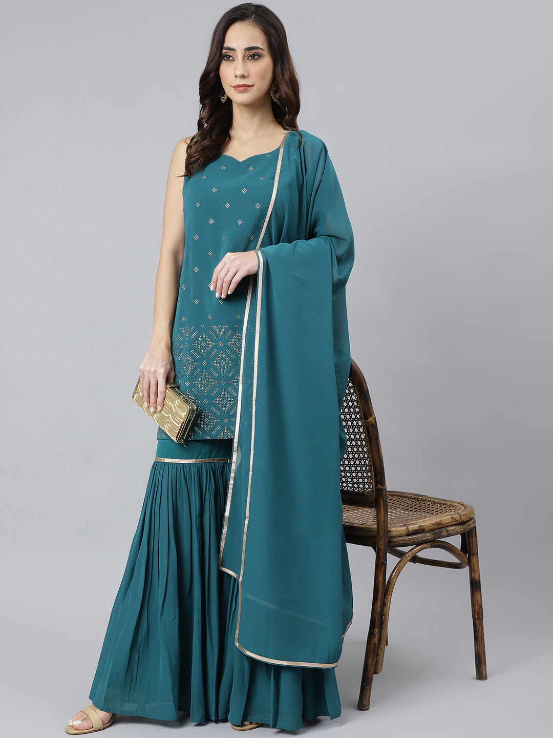 Janasya Women's Teal Georgette Embossed Gold Print Top With Gharara And Dupatta