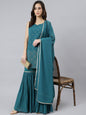 Janasya Women's Teal Georgette Embossed Gold Print Top With Gharara And Dupatta