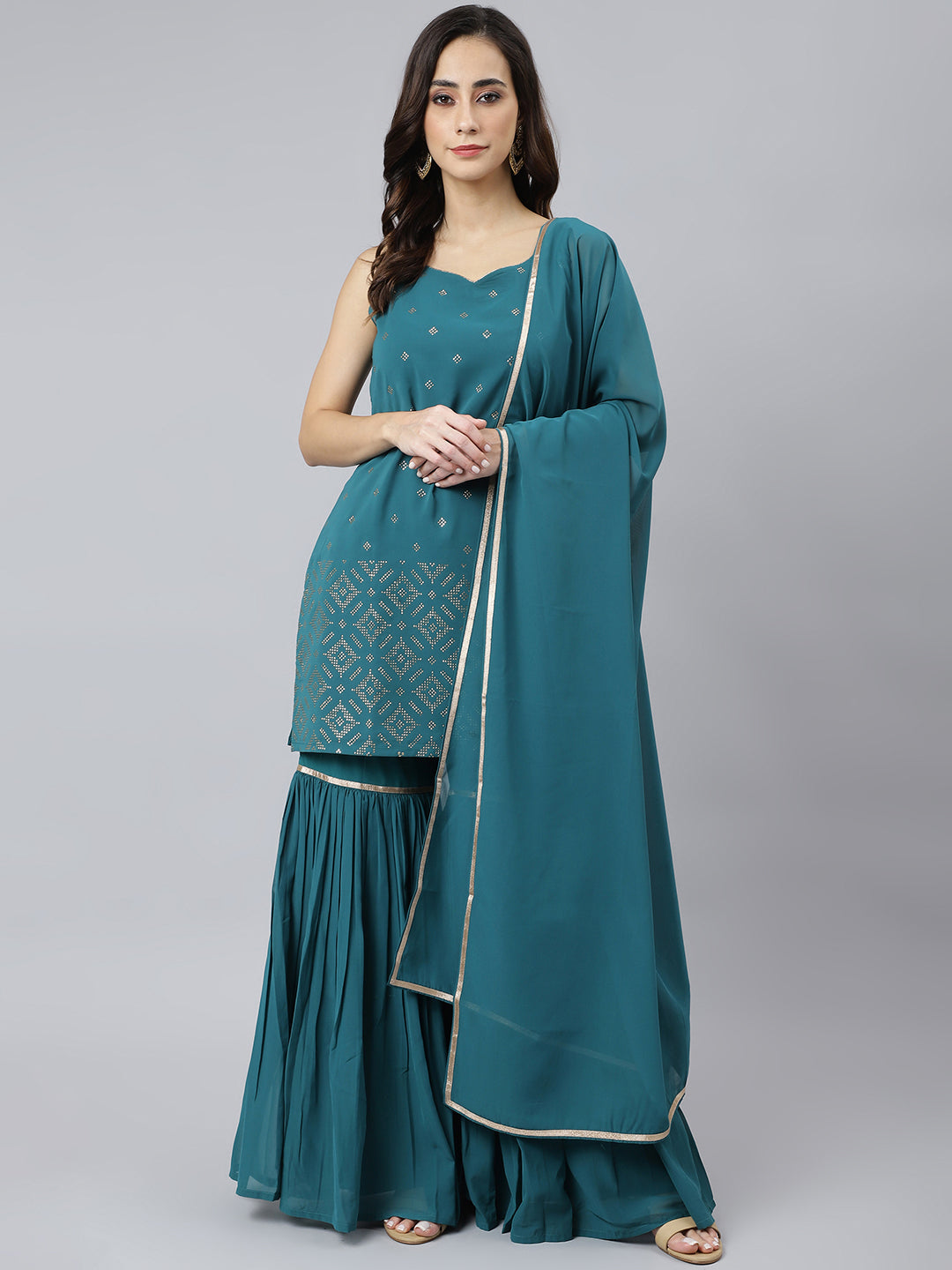 Janasya Women's Teal Georgette Embossed Gold Print Top With Gharara And Dupatta