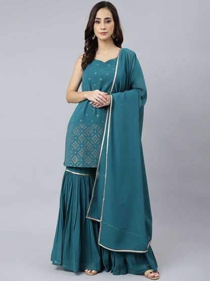 Janasya Women's Teal Georgette Embossed Gold Print Top With Gharara And Dupatta