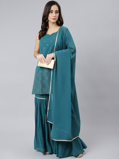 Janasya Women's Teal Georgette Embossed Gold Print Top With Gharara And Dupatta