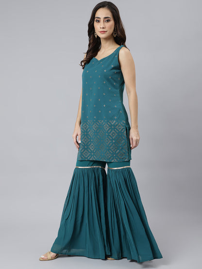 Janasya Women's Teal Georgette Embossed Gold Print Top With Gharara And Dupatta