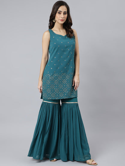 Janasya Women's Teal Georgette Embossed Gold Print Top With Gharara And Dupatta