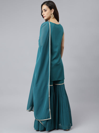 Janasya Women's Teal Georgette Embossed Gold Print Top With Gharara And Dupatta